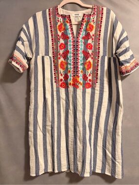 Voge Blue & White Striped Embroidered Cotton Dress